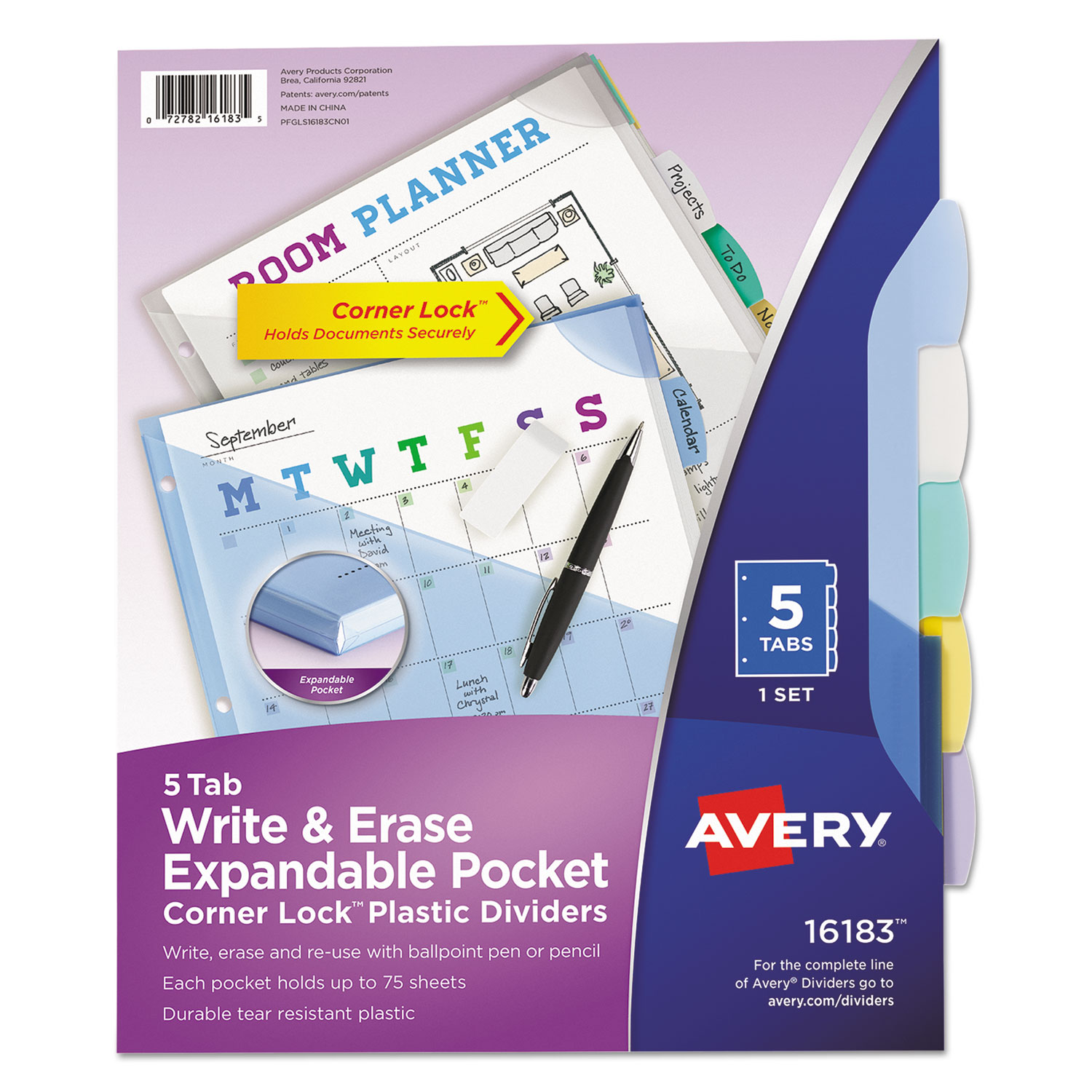  Avery 16183 Write and Erase Corner Lock Big Tab Durable Plastic Dividers, 3-Hole Punched, 5-Tab, 11 x 8.5, Assorted, 1 Set (AVE16183) 