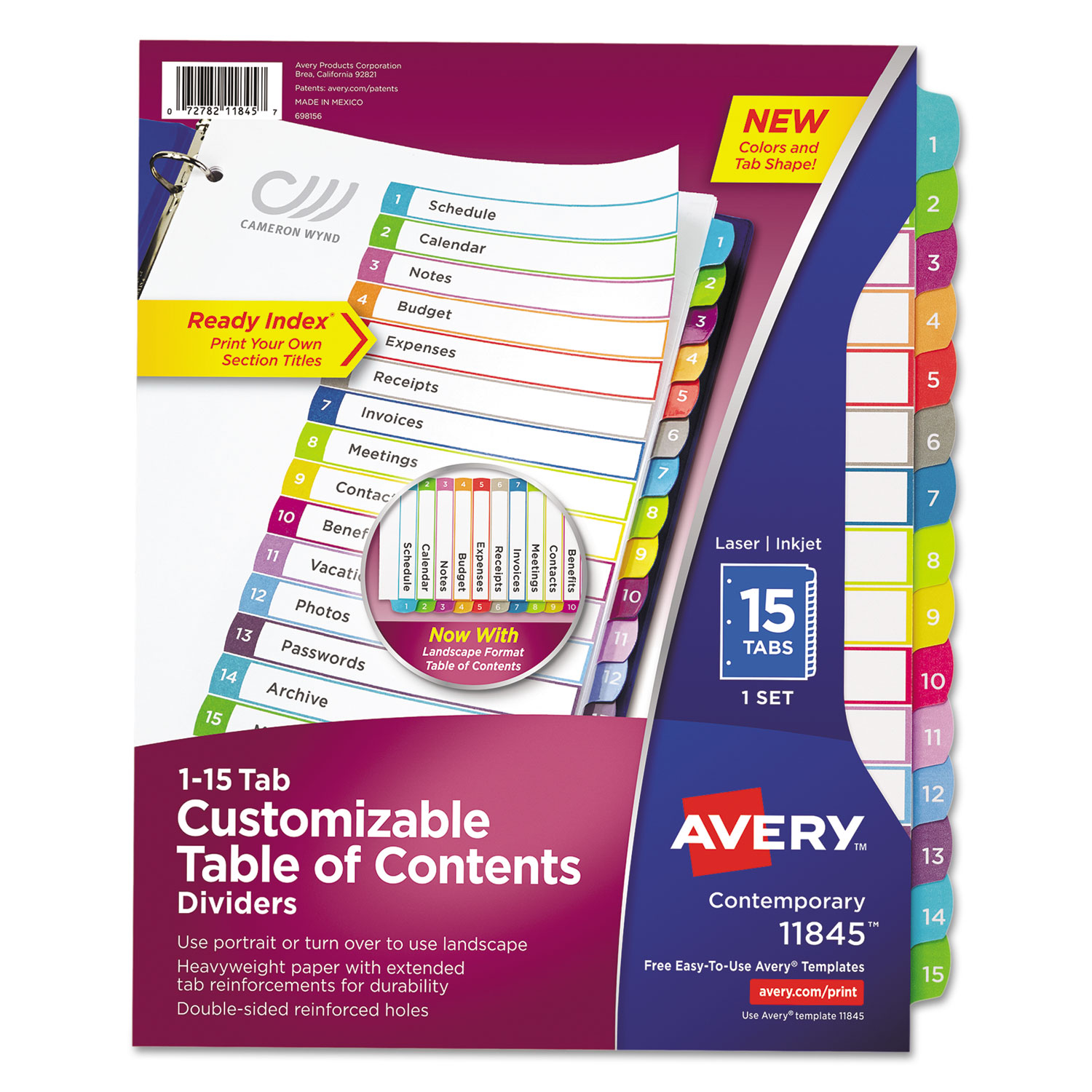  Avery 11845 Customizable TOC Ready Index Multicolor Dividers, 1-15, Letter (AVE11845) 