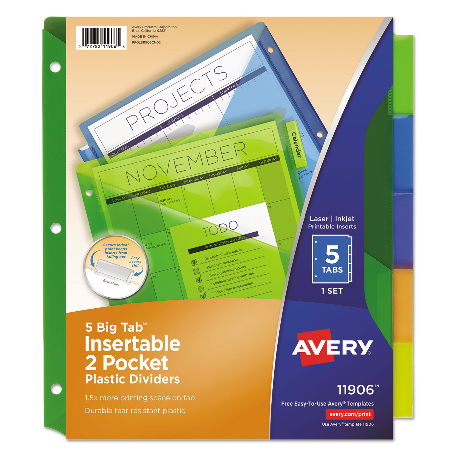  Avery 11906 Insertable Big Tab Plastic 2-Pocket Dividers, 5-Tab, 11.13 x 9.25, Assorted, 1 Set (AVE11906) 