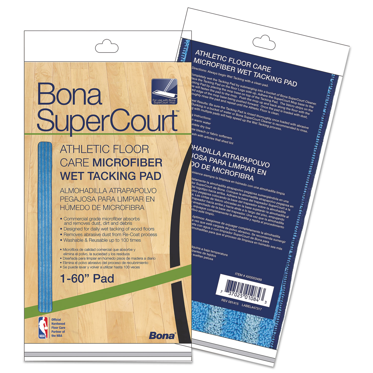  Bona AX0003499 SuperCourt Athletic Floor Care Microfiber Wet Tacking Pad, 60, Light/Dark Blue (BNAAX0003499) 