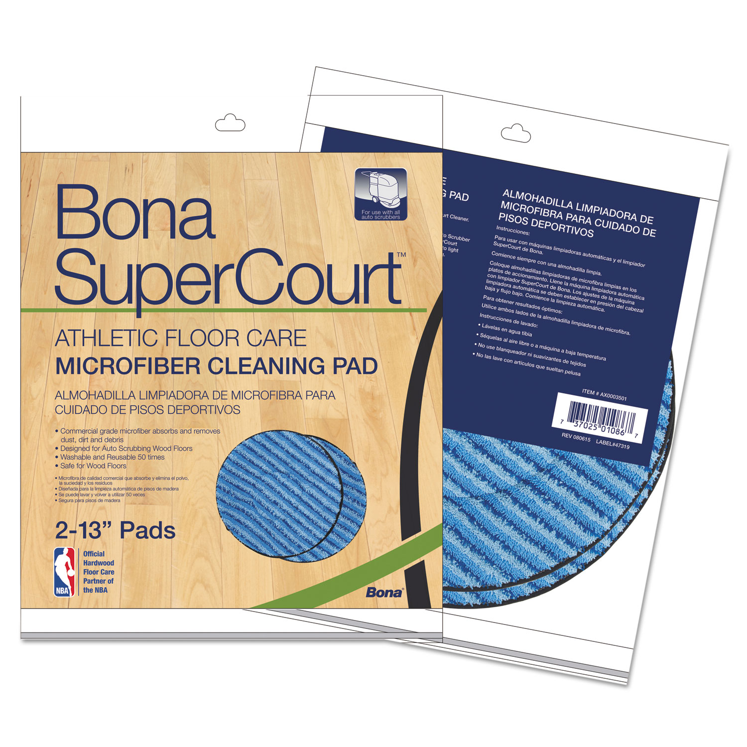  Bona AX0003501 SuperCourt Athletic Floorcare Microfiber Cleaning Pad, 13 Dia, Lt/Dk Blue,2/Pk (BNAAX0003501) 