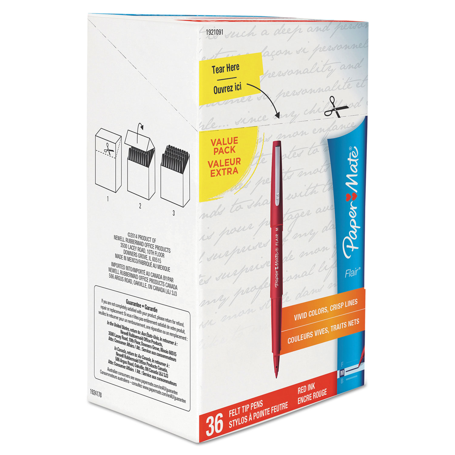  Paper Mate 1921091 Point Guard Flair Bullet Porous Point Stick Pen, 1.4mm, Red Ink/Barrel, 36/Box (PAP1921091) 