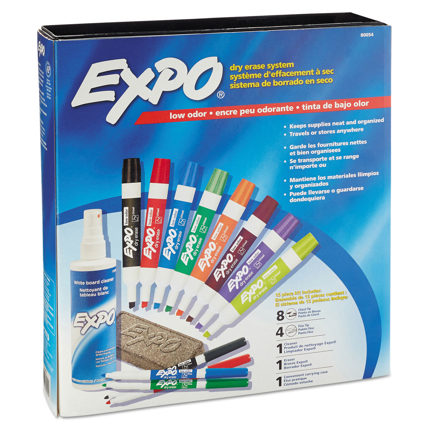  EXPO 80054 Low-Odor Dry Erase Marker, Eraser & Cleaner Kit, Assorted Tips, Assorted Colors, 12/Set (SAN80054) 