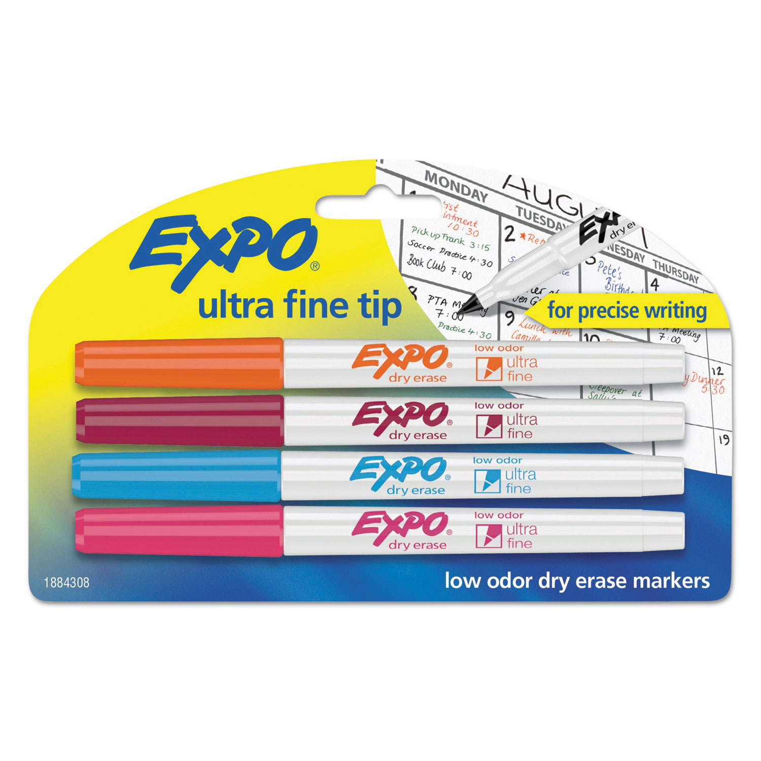 Low-Odor Dry-Erase Marker, Extra-Fine Bullet Tip, Assorted Colors, 4/Pack