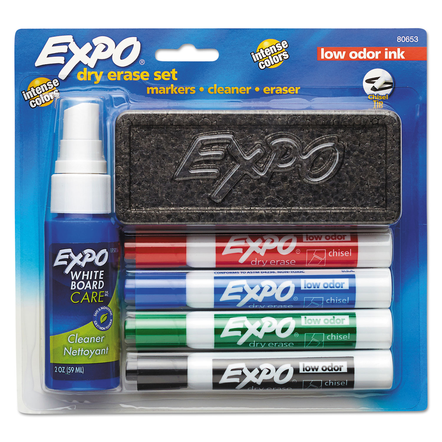 EXPO 80653 Low-Odor Dry Erase Marker Starter Set, Broad Chisel Tip, Assorted Colors, 4/Set (SAN80653) 