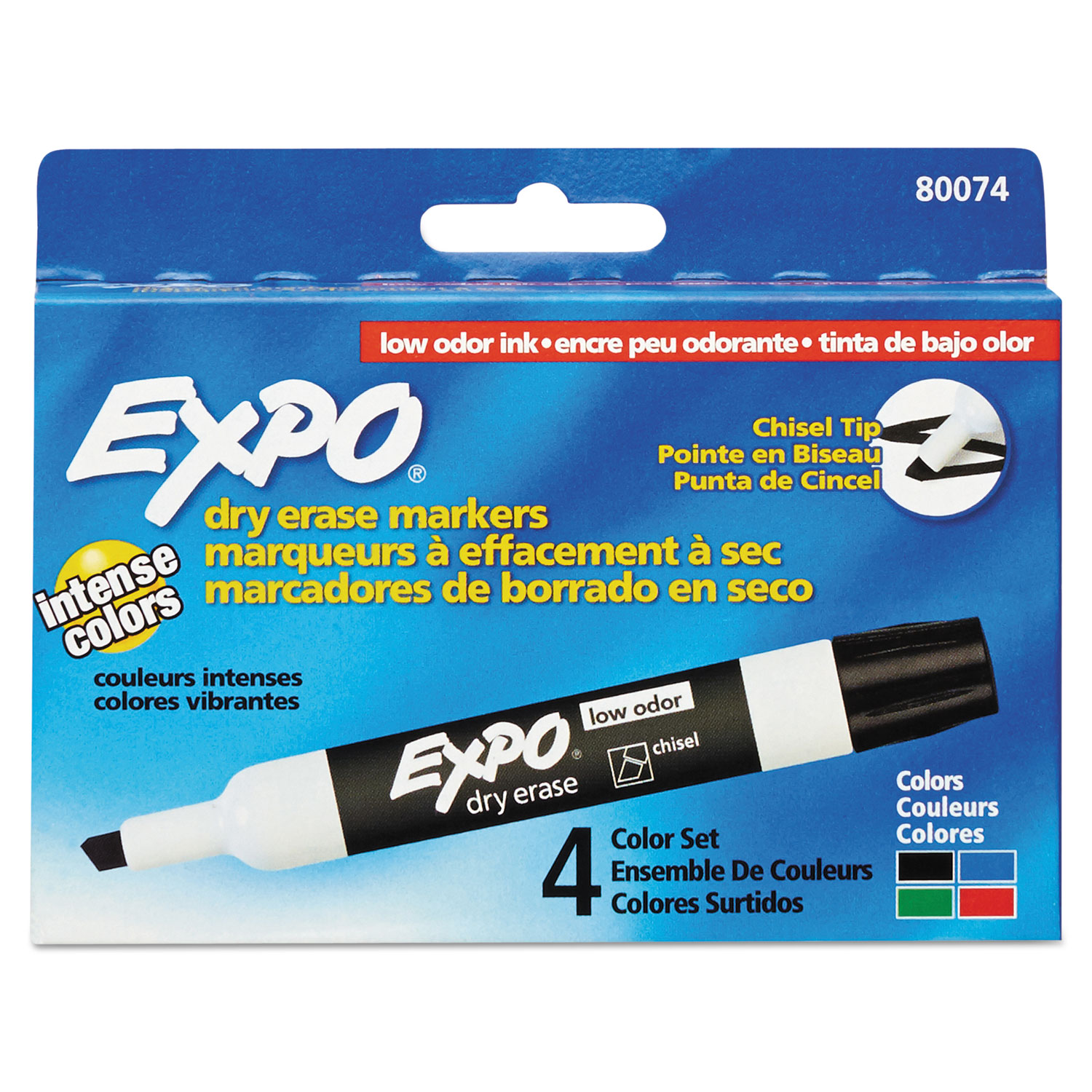  EXPO 80074 Low-Odor Dry-Erase Marker, Broad Chisel Tip, Assorted Colors, 4/Set (SAN80074) 