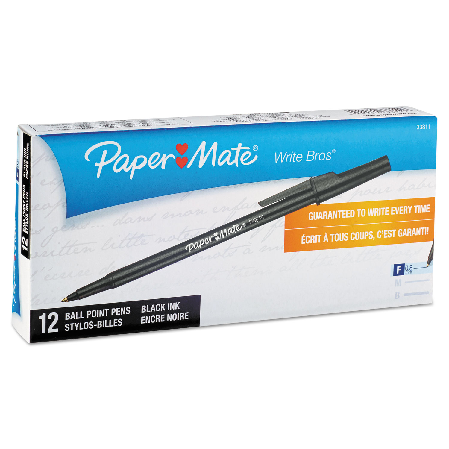  Paper Mate 3381131 Write Bros. Stick Ballpoint Pen, Fine 0.8mm, Black Ink/Barrel, Dozen (PAP3381131) 