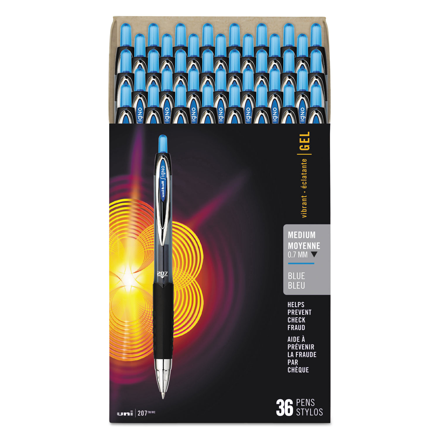  uni-ball 1921064 Signo 207 Retractable Gel Pen Value Pack, 0.7mm, Blue Ink, Black Barrel, 36/Box (UBC1921064) 
