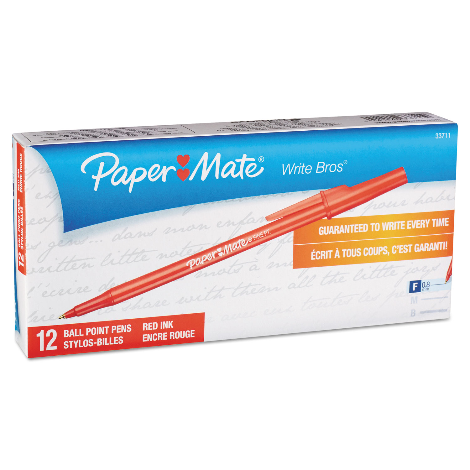  Paper Mate 3371131 Write Bros. Stick Ballpoint Pen, Fine 0.8mm, Red Ink/Barrel, Dozen (PAP3371131) 