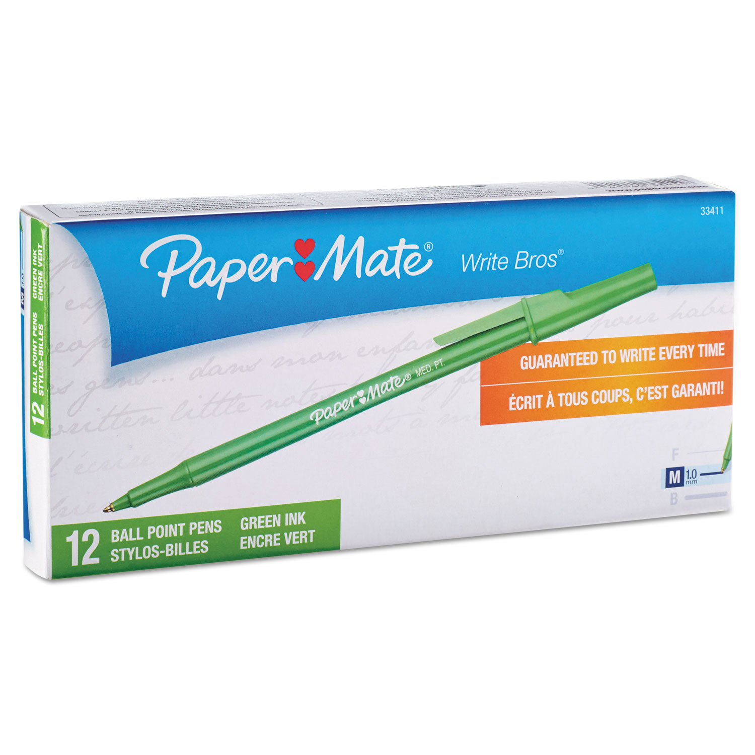  Paper Mate 3341131 Write Bros. Stick Ballpoint Pen, Medium 1mm, Green Ink/Barrel, Dozen (PAP3341131) 