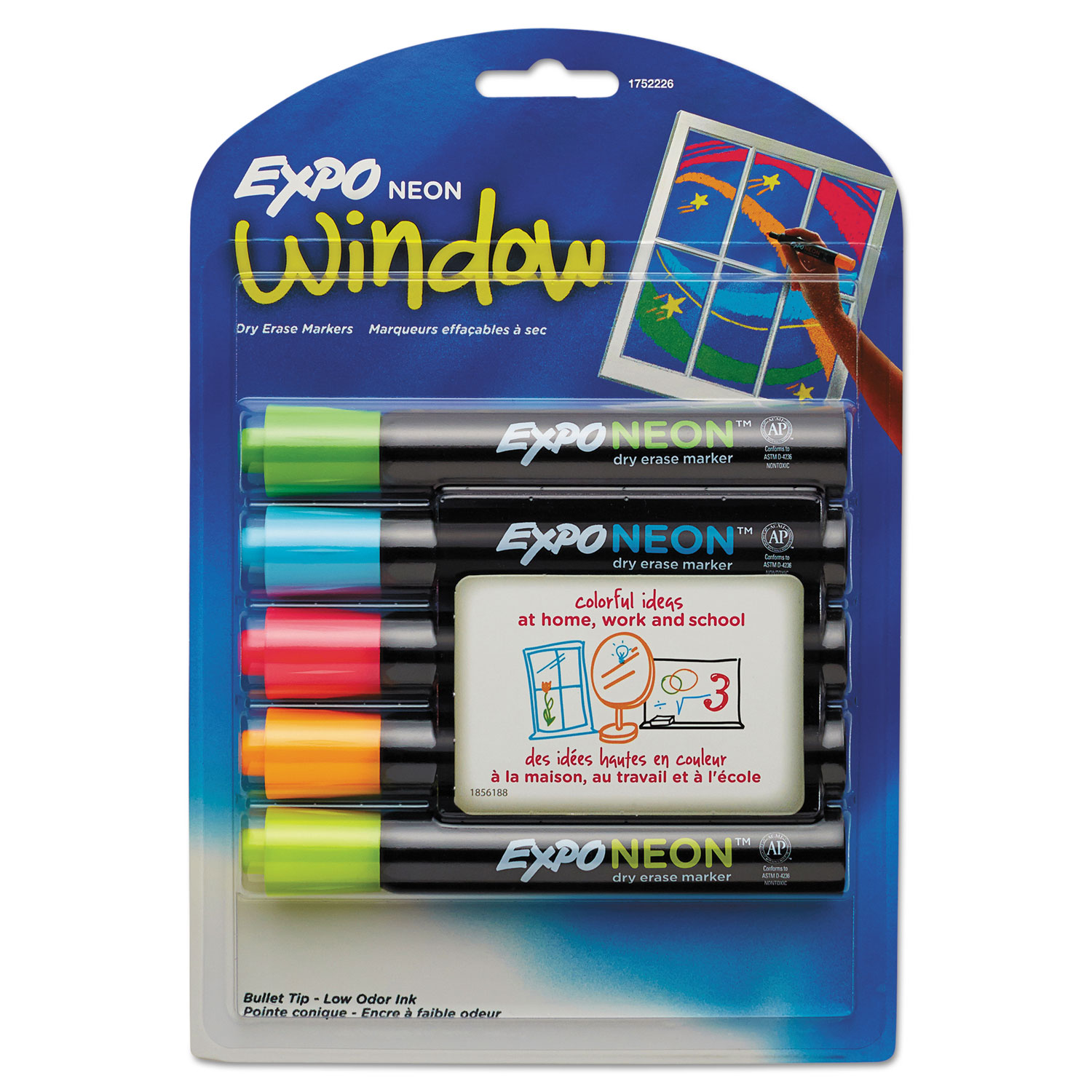  EXPO 1752226 Neon Windows Dry Erase Marker, Broad Bullet Tip, Assorted Colors, 5/Pack (SAN1752226) 
