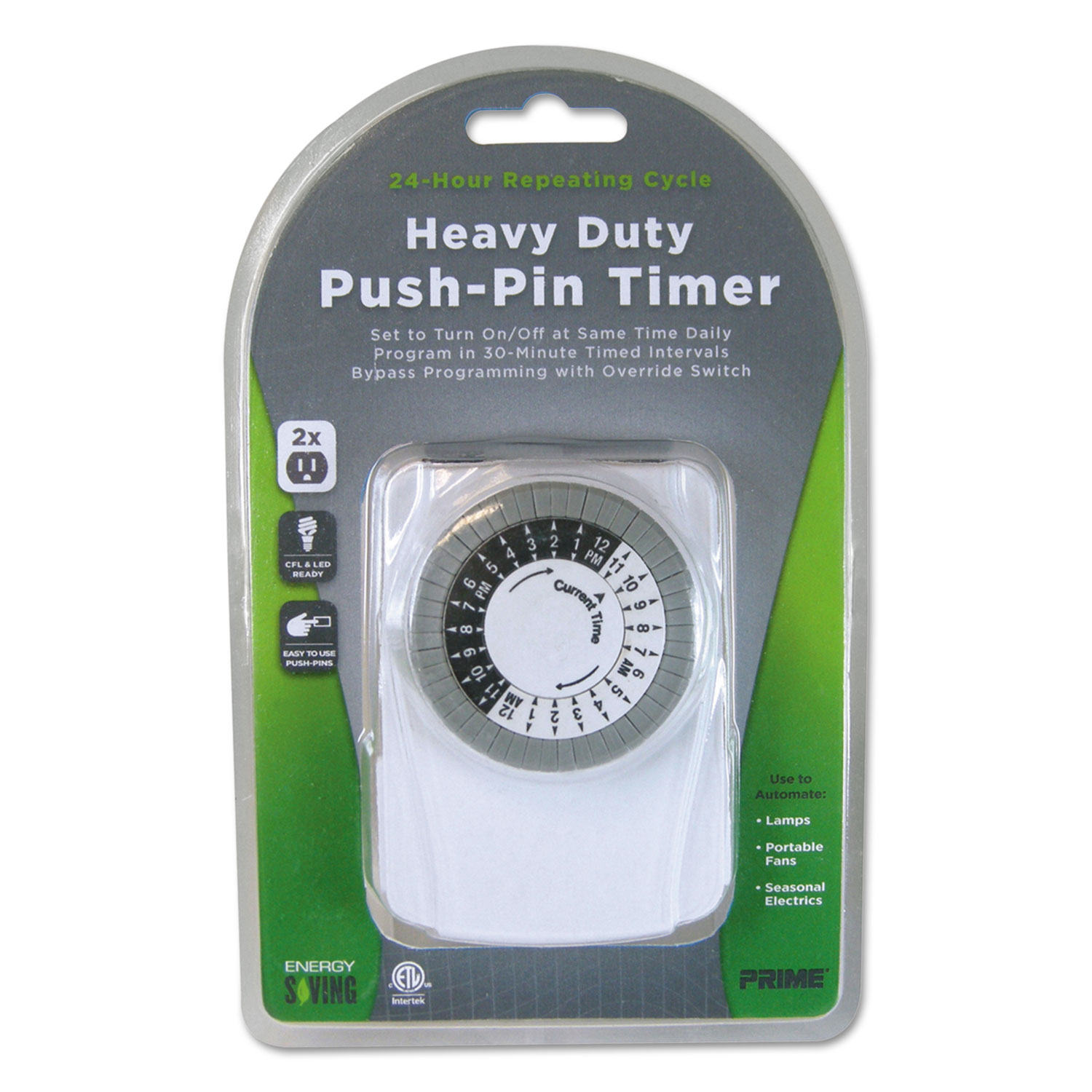 Heavy Duty Push-Pin Timer, 2 Outlets, 15 Amps, White