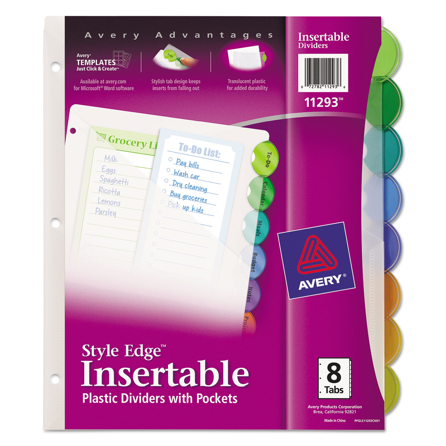  Avery 11293 Insertable Style Edge Tab Plastic 1-Pocket Dividers, 8-Tab, 11.25 x 9.25, Translucent, 1 Set (AVE11293) 