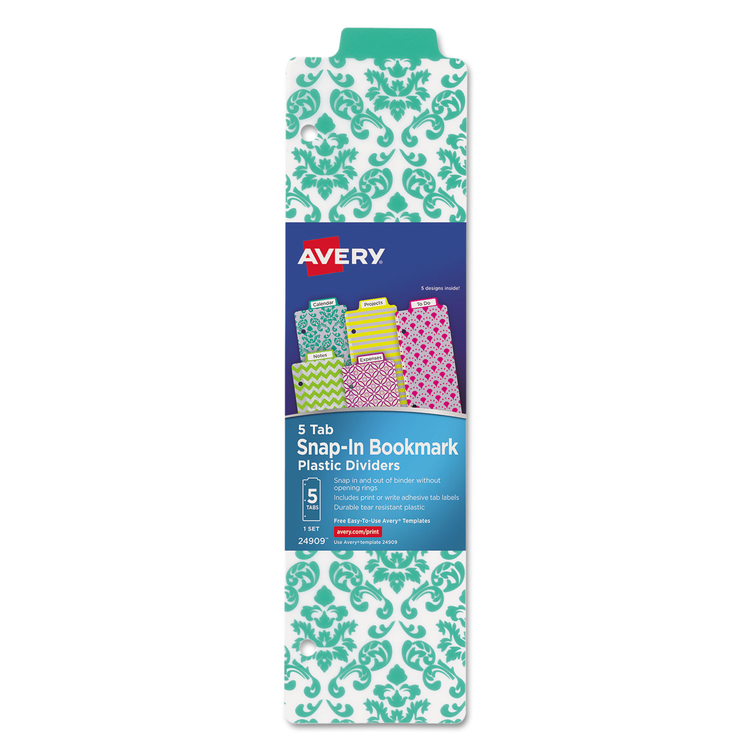  Avery 24909 Tabbed Snap-In Bookmark Plastic Dividers, 5-Tab, 11.5 x 3, Assorted Prints, 1 Set (AVE24909) 