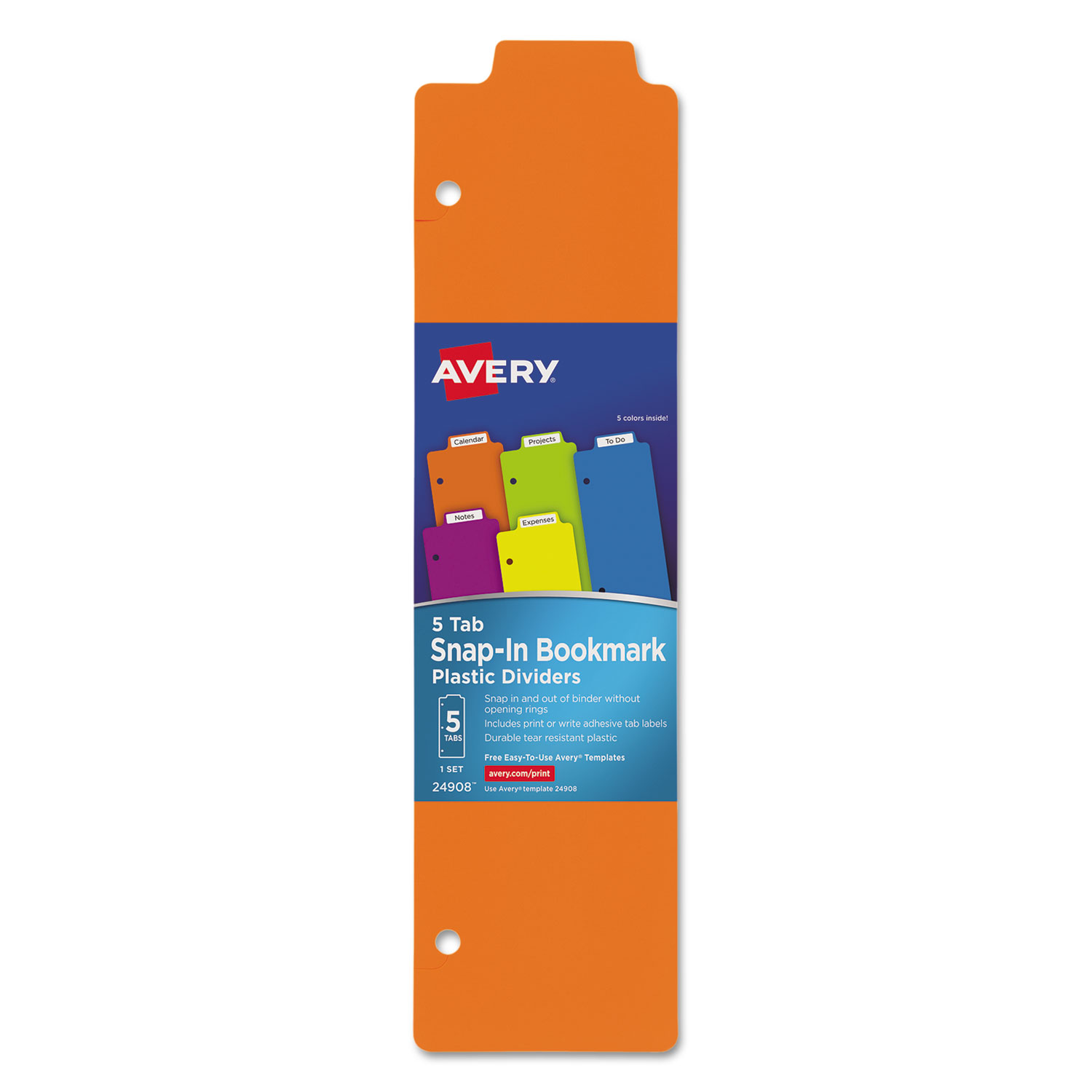  Avery 24908 Tabbed Snap-In Bookmark Plastic Dividers, 5-Tab, 11.5 x 3, Assorted, 1 Set (AVE24908) 