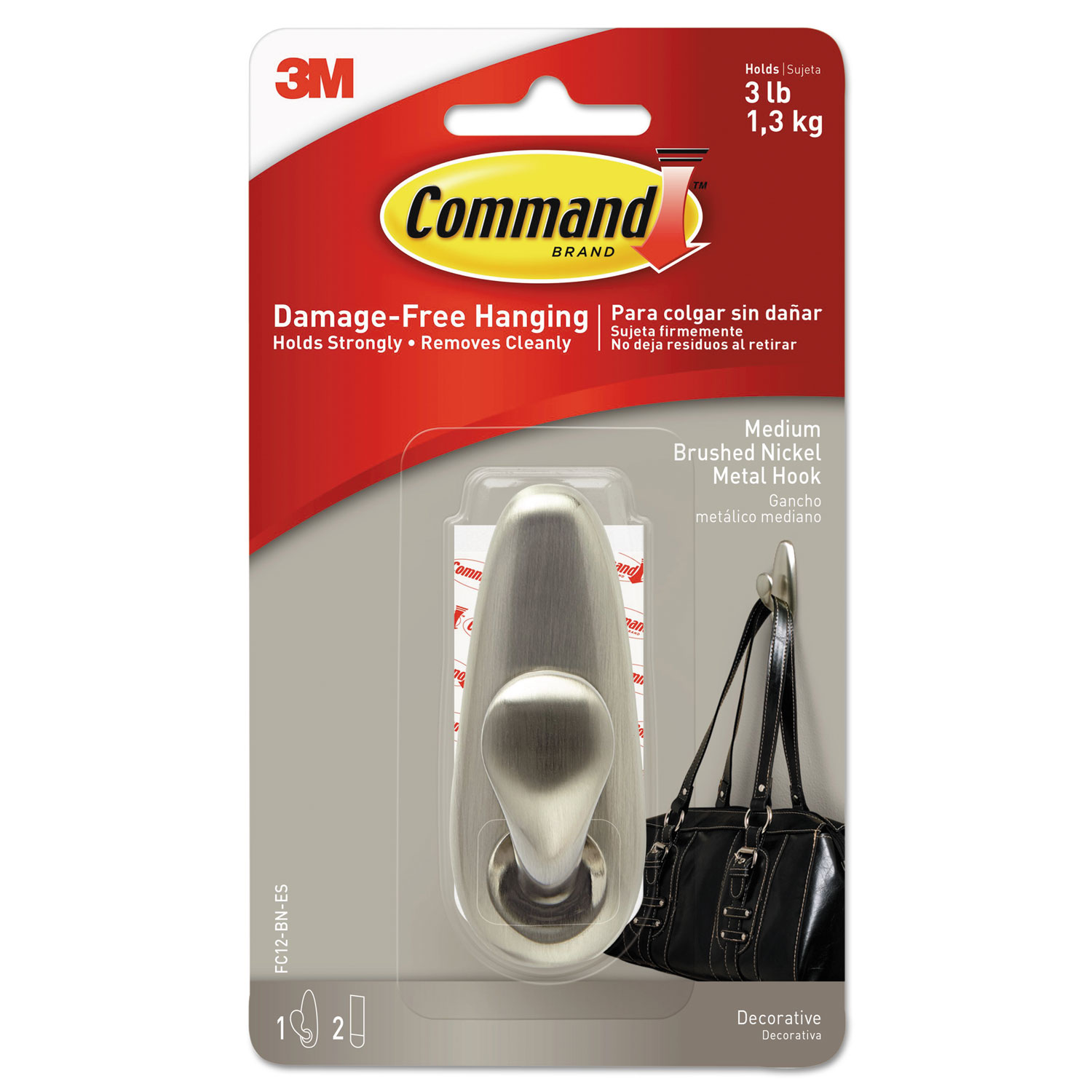  Command FC12-BN-ES Adhesive Mount Metal Hook, Medium, Brushed Nickel Finish, 1 Hook and 2 Strips/Pack (MMMFC12BNES) 