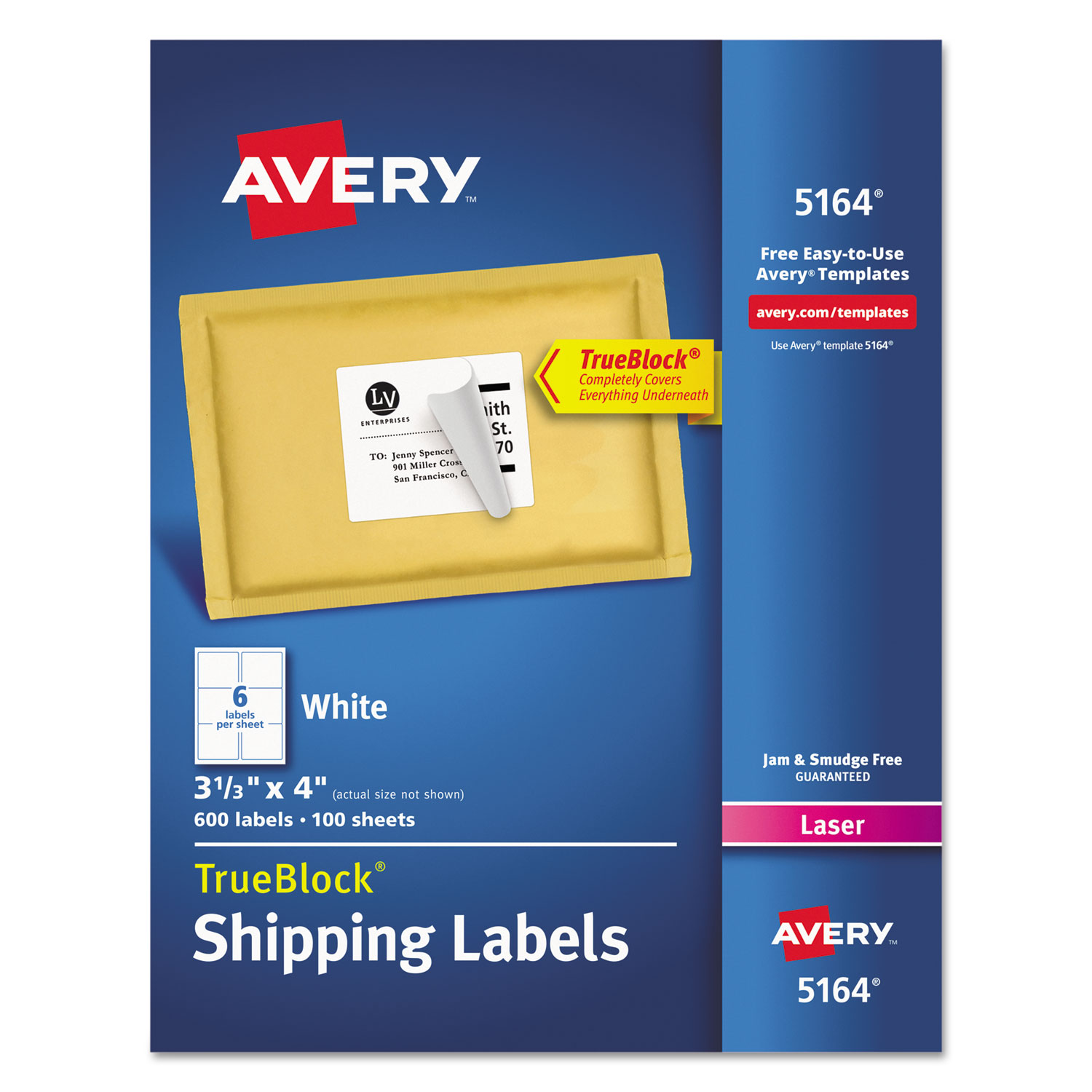  Avery 05164 Shipping Labels w/ TrueBlock Technology, Laser Printers, 3.33 x 4, White, 6/Sheet, 100 Sheets/Box (AVE5164) 
