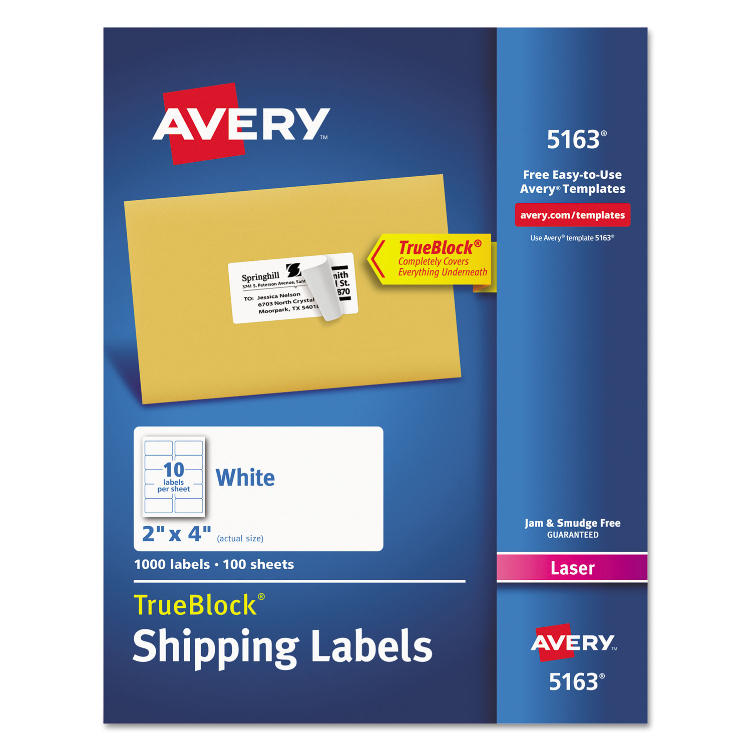  Avery 05163 Shipping Labels w/ TrueBlock Technology, Laser Printers, 2 x 4, White, 10/Sheet, 100 Sheets/Box (AVE5163) 