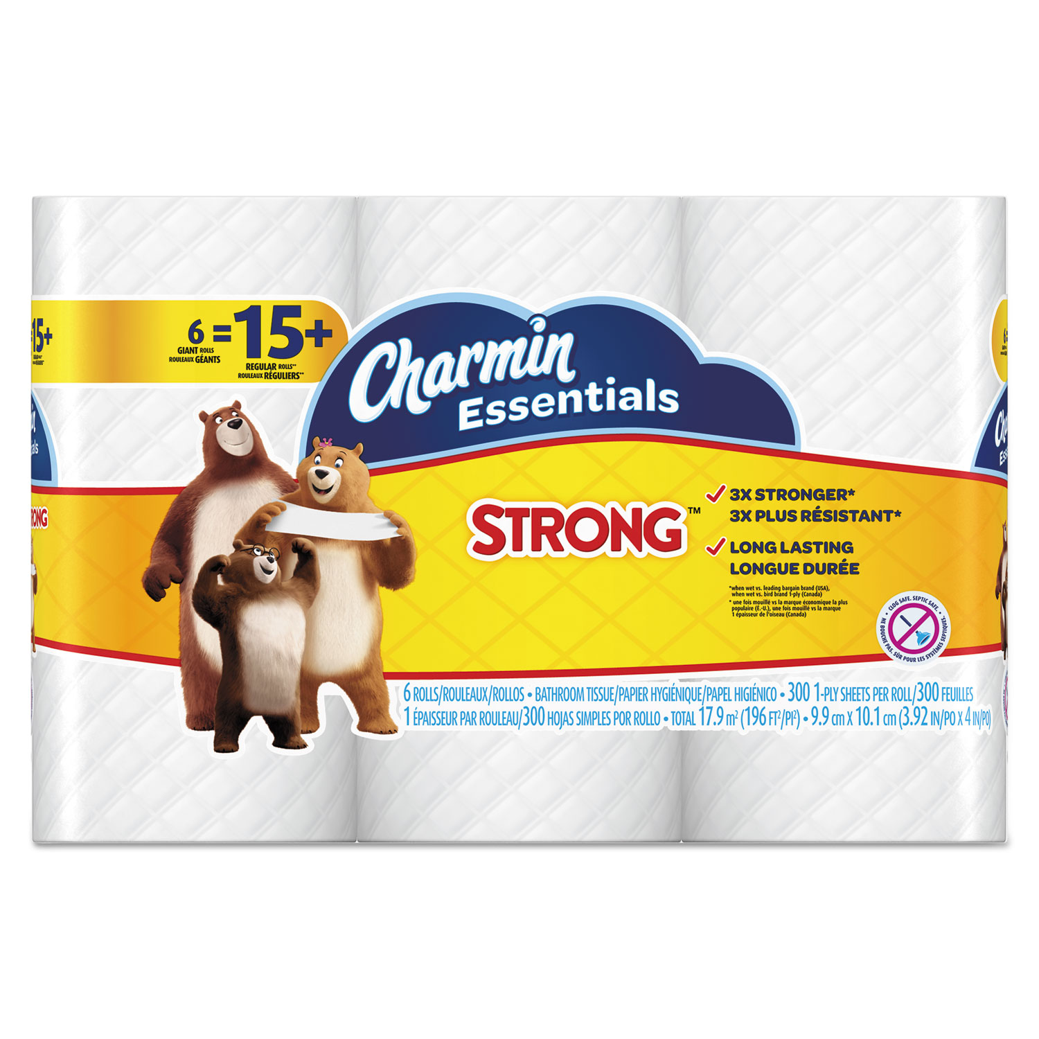  Charmin 96892 Essentials Strong Bathroom Tissue, Septic Safe, 1-Ply,White,  4 x 3.92, 300/Roll, 6 Rolls/Pack, 8 Packs/Carton (PGC96892) 