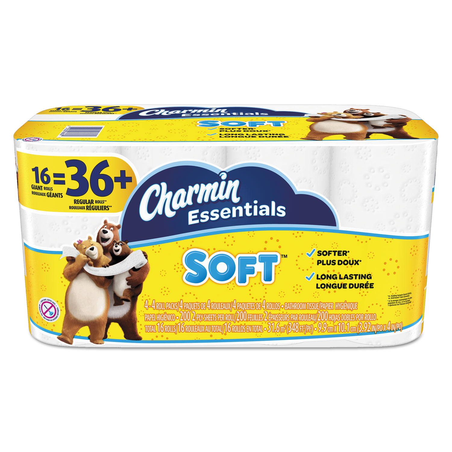  Charmin 96608 Essentials Soft Bathroom Tissue, Septic Safe, 2-Ply, White, 4 x 3.92, 200/Roll, 16 Roll/Pack (PGC96608) 