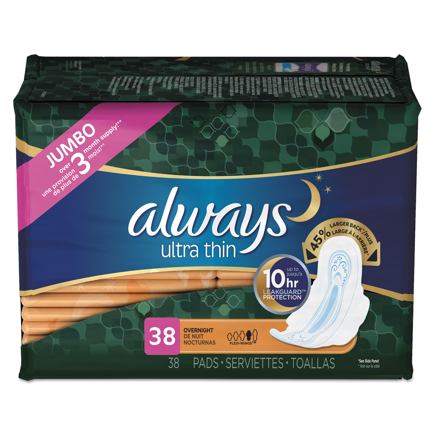  Always 95236 Ultra Thin Overnight Pads with Wings, 38/Pack, 6 Packs/Carton (PGC95236) 
