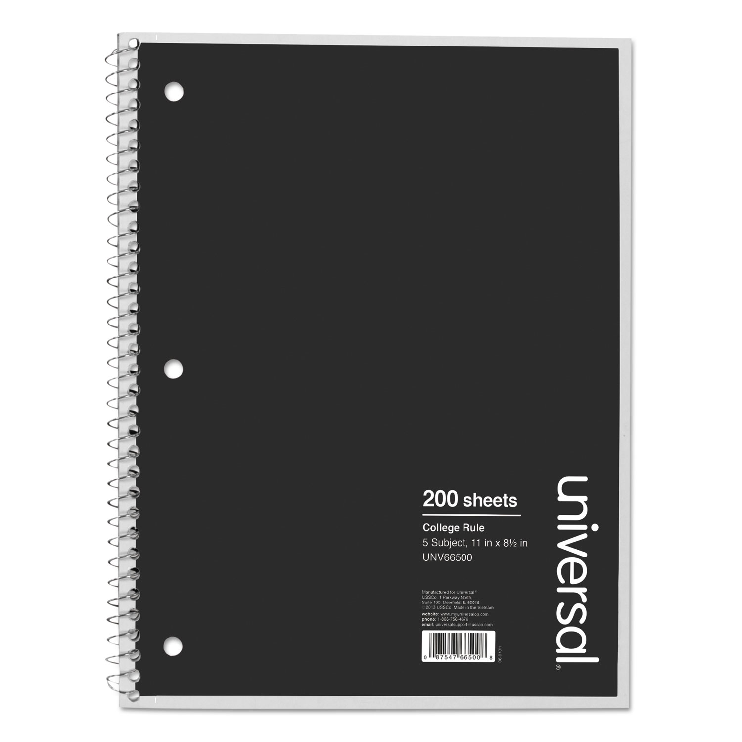 5 Sub. Wirebound Notebook, 11 x 8 1/2, College Rule, 200 Sheets, Black Cover