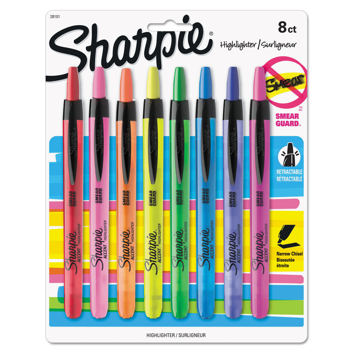  Sharpie 28101 Retractable Highlighters, Chisel Tip, Assorted Colors, 8/Set (SAN28101) 