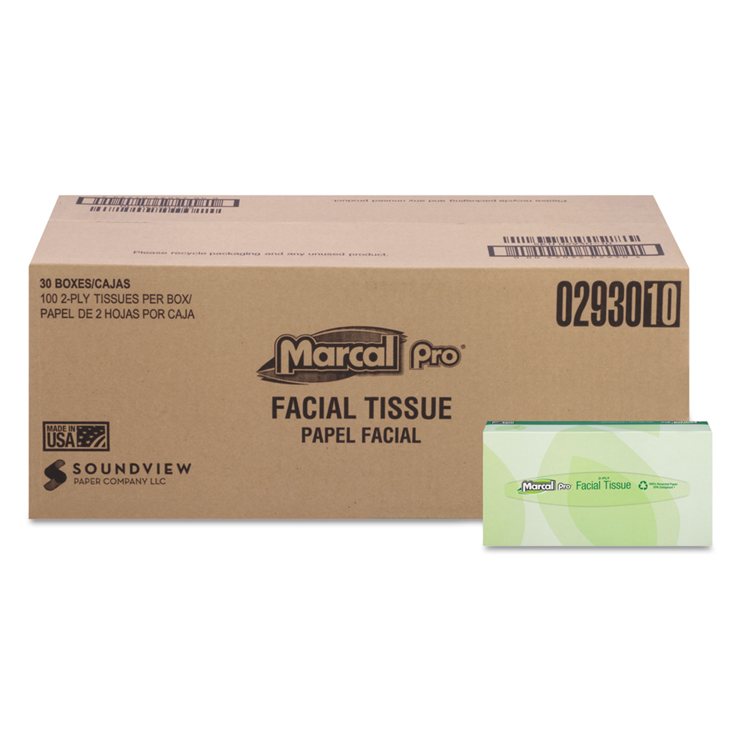  Marcal PRO 2930 100% Recycled Convenience Pack Facial Tissue, Septic Safe, 2-Ply, White, 100 Sheets/Box, 30 Boxes/Carton (MRC2930) 