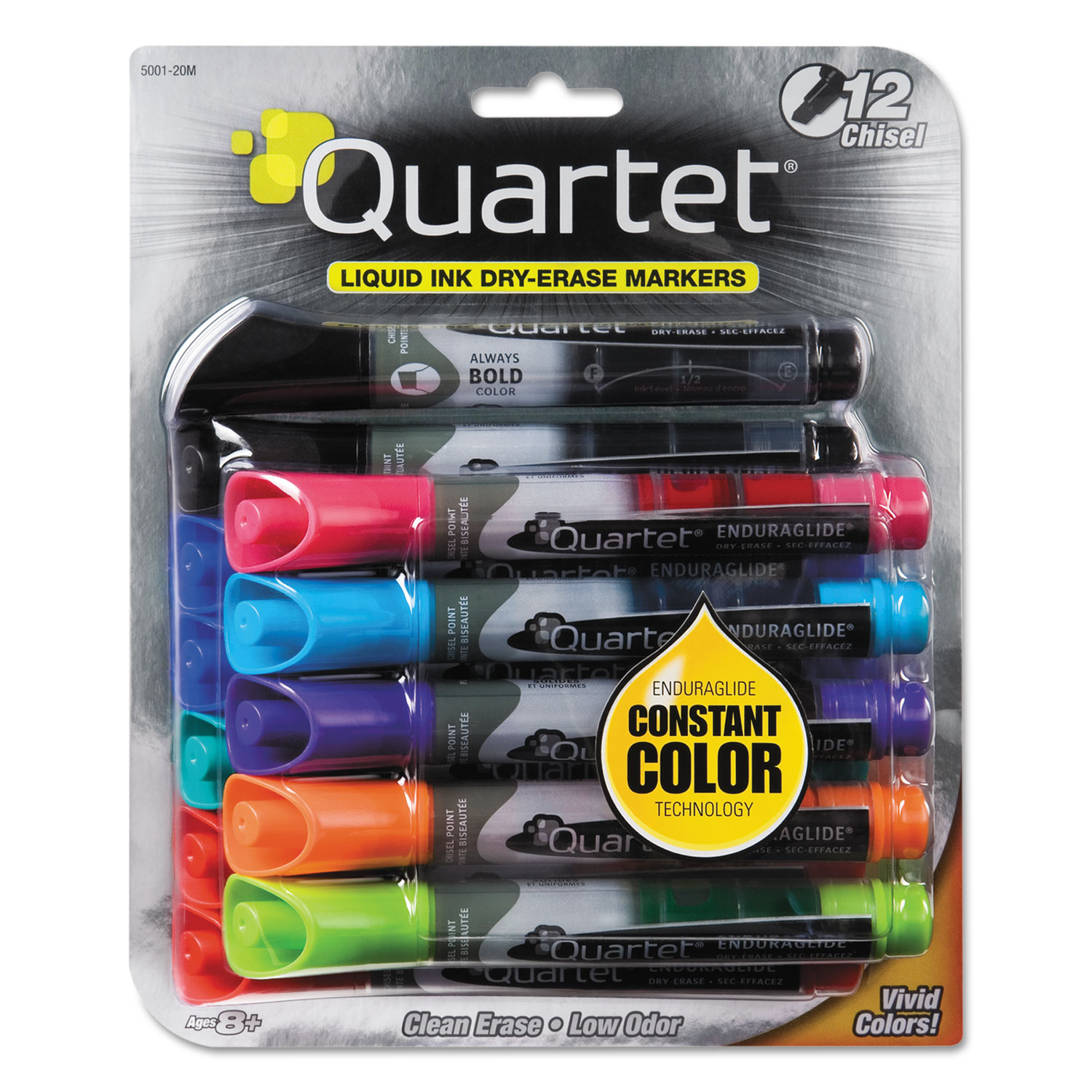  Quartet 5001-20MA EnduraGlide Dry Erase Marker, Broad Chisel Tip, Assorted Colors, 12/Set (QRT500120M) 