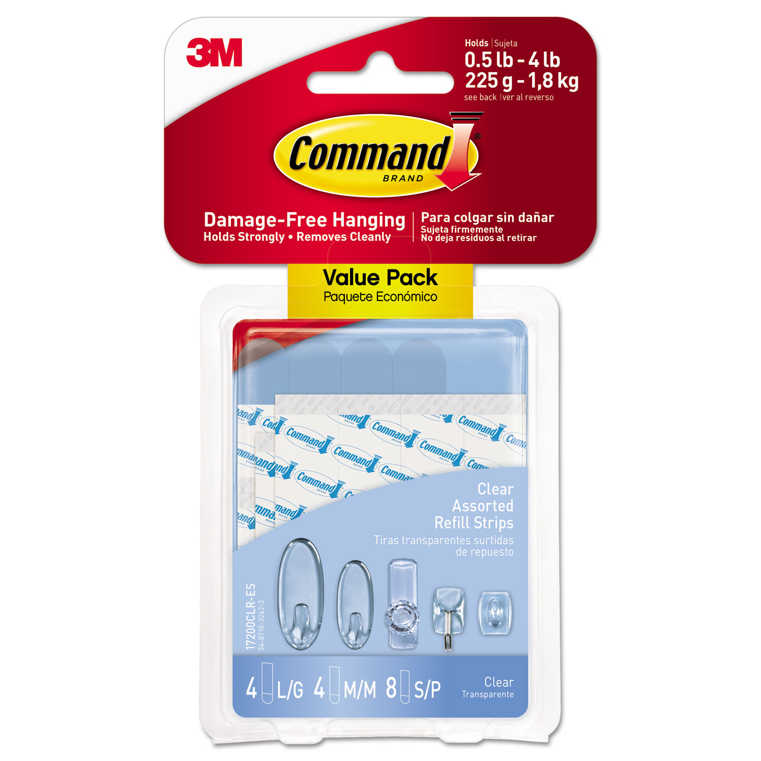  Command 17200CLR-ES Assorted Refill Strips, Clear, 16/Pack (MMM17200CLRES) 