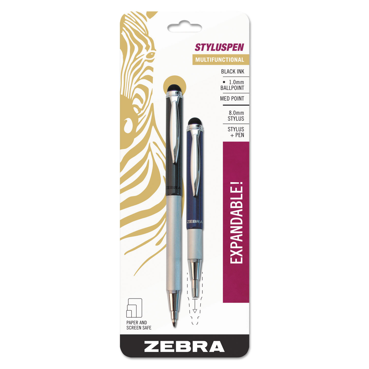  Zebra 33602 StylusPen Retractable Ballpoint Pen/Stylus, 1mm, Black Ink, Blue/Gray Barrel, Pair (ZEB33602) 