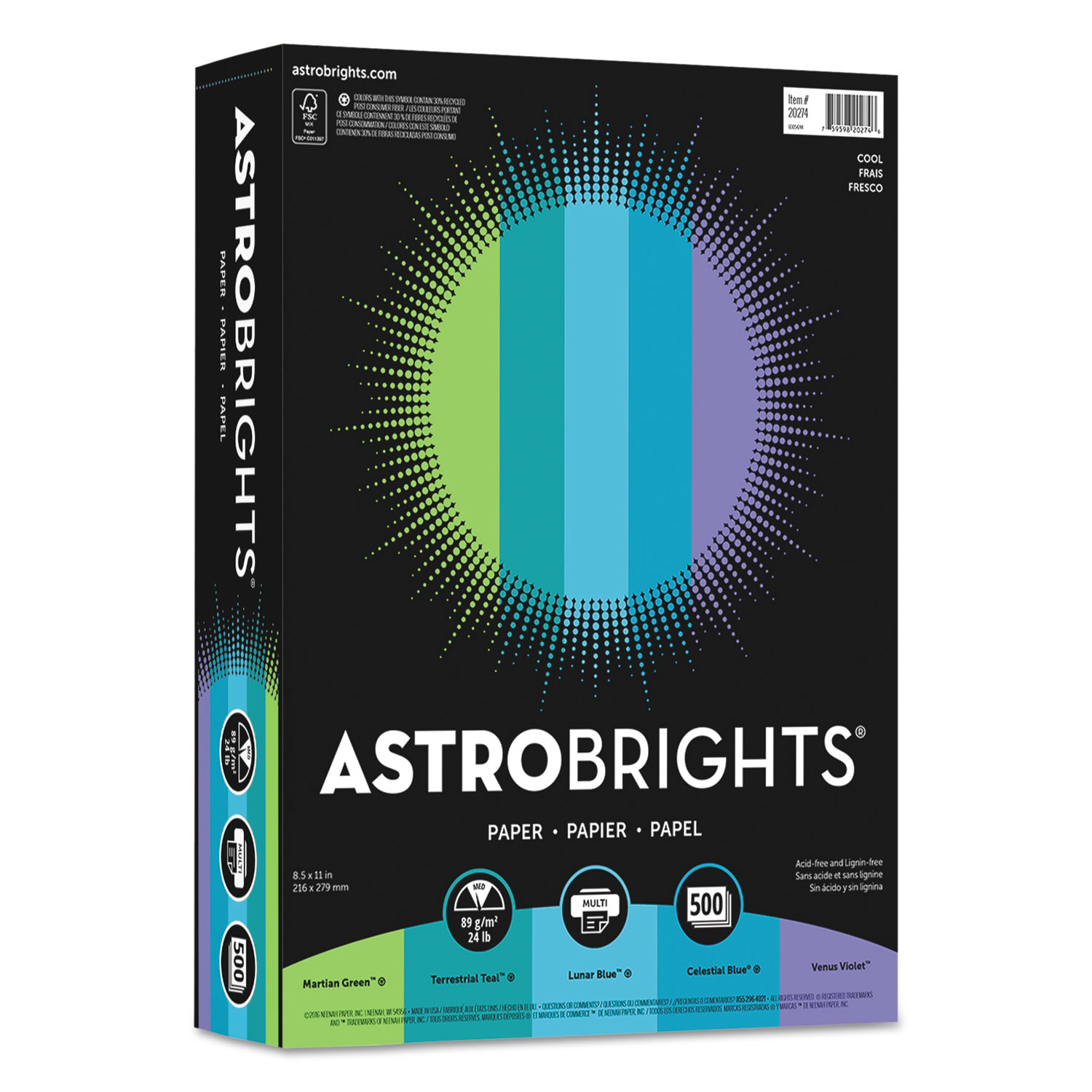  Astrobrights 20274 Color Paper - Cool Assortment, 24lb, 8.5 x 11, Assorted Cool Colors, 500/Ream (WAU20274) 