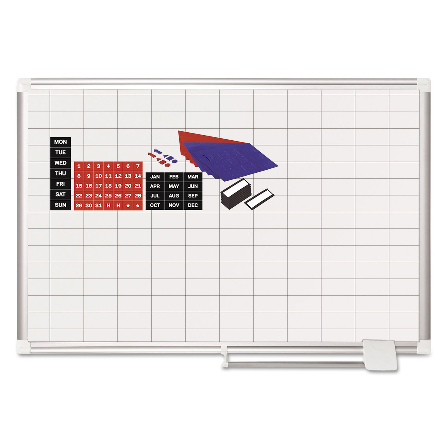 Gridded Magnetic Steel Dry Erase Planning Board with Accessories, 1 x 2 Grid,  36 x 24, White Surface, Silver Aluminum Frame - mastersupplyonline