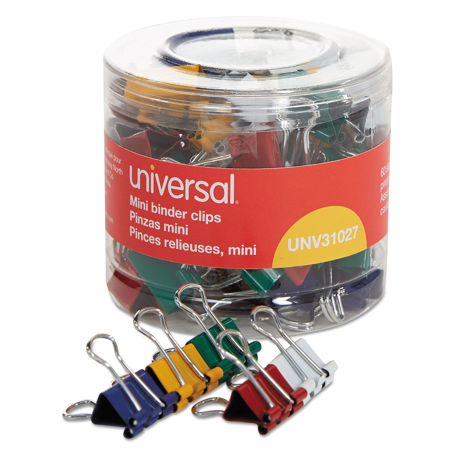  Universal UNV31027 Binder Clips in Dispenser Tub, Mini, Assorted Colors, 60/Pack (UNV31027) 