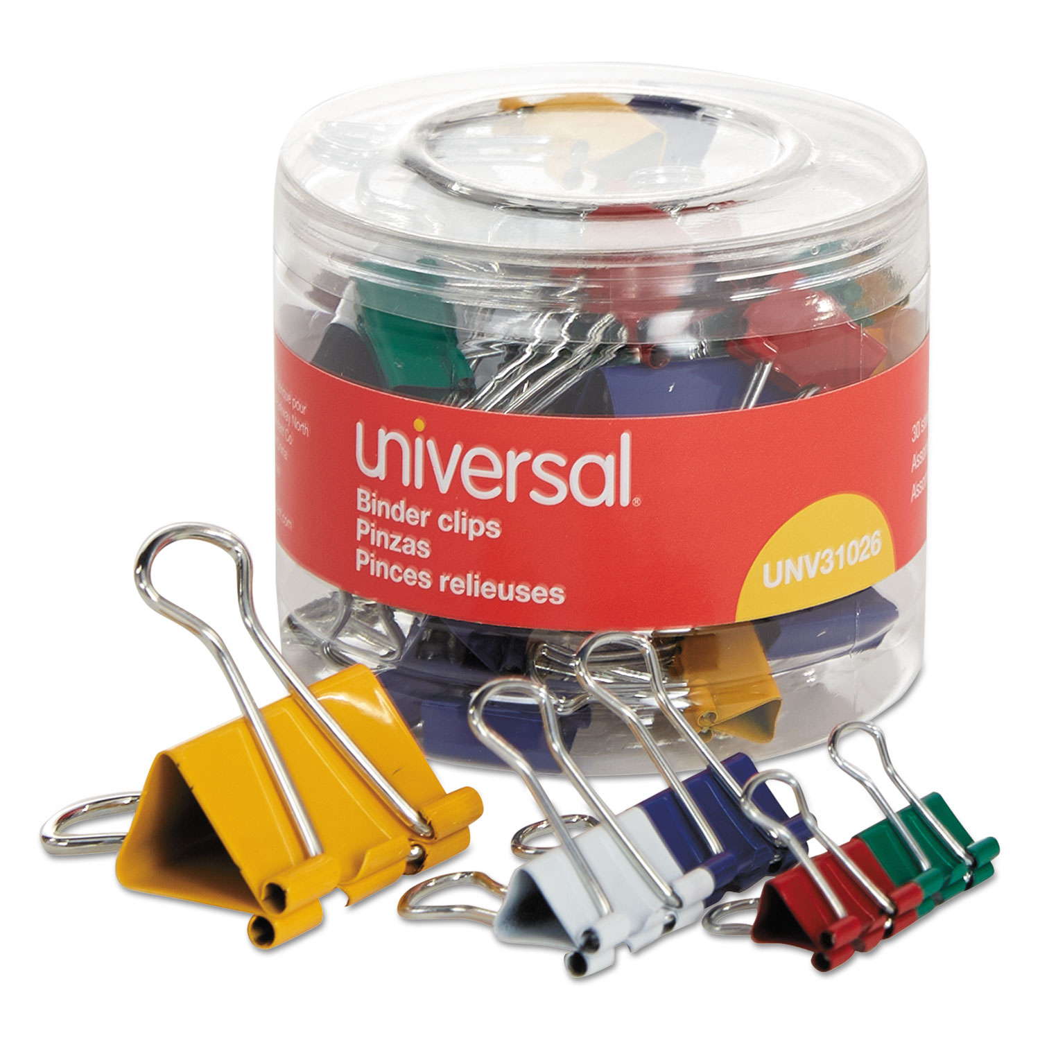  Universal UNV31026 Binder Clips in Dispenser Tub, Assorted Sizes and Colors, 30/Pack (UNV31026) 