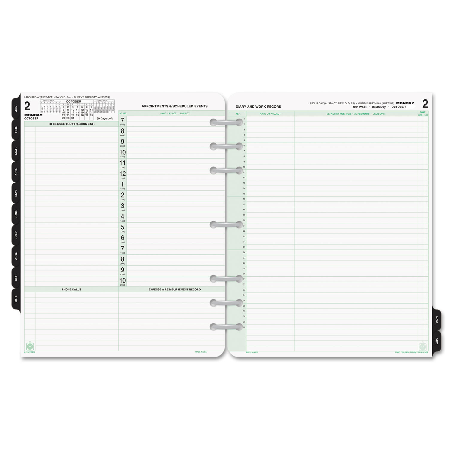 Reference Dated Two-Page-per-Day Organizer Refill, Jan.-Dec., 8 1/2 x 11, 2018