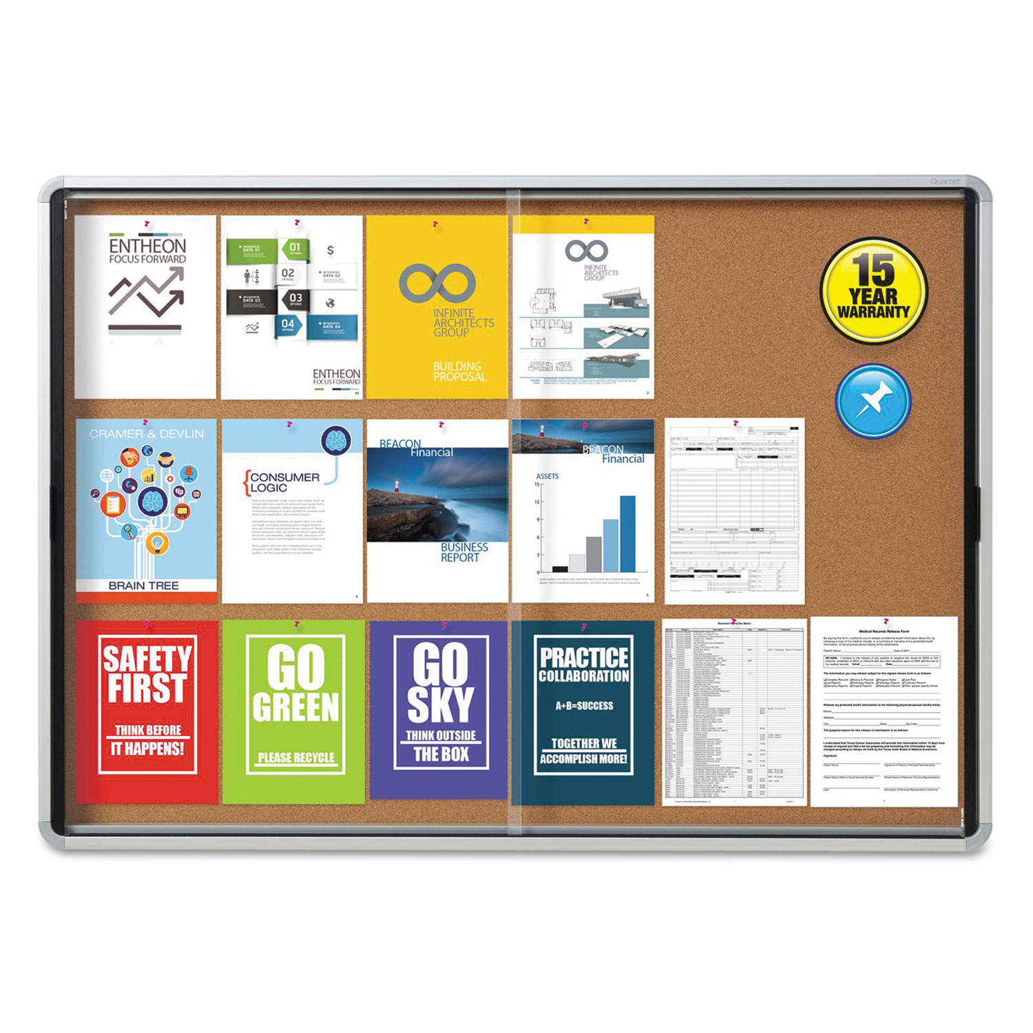  Quartet EISC3956 Enclosed Indoor Cork Bulletin Board w/Sliding Glass Doors, 56 x 39, Silver Frame (QRTEISC3956) 