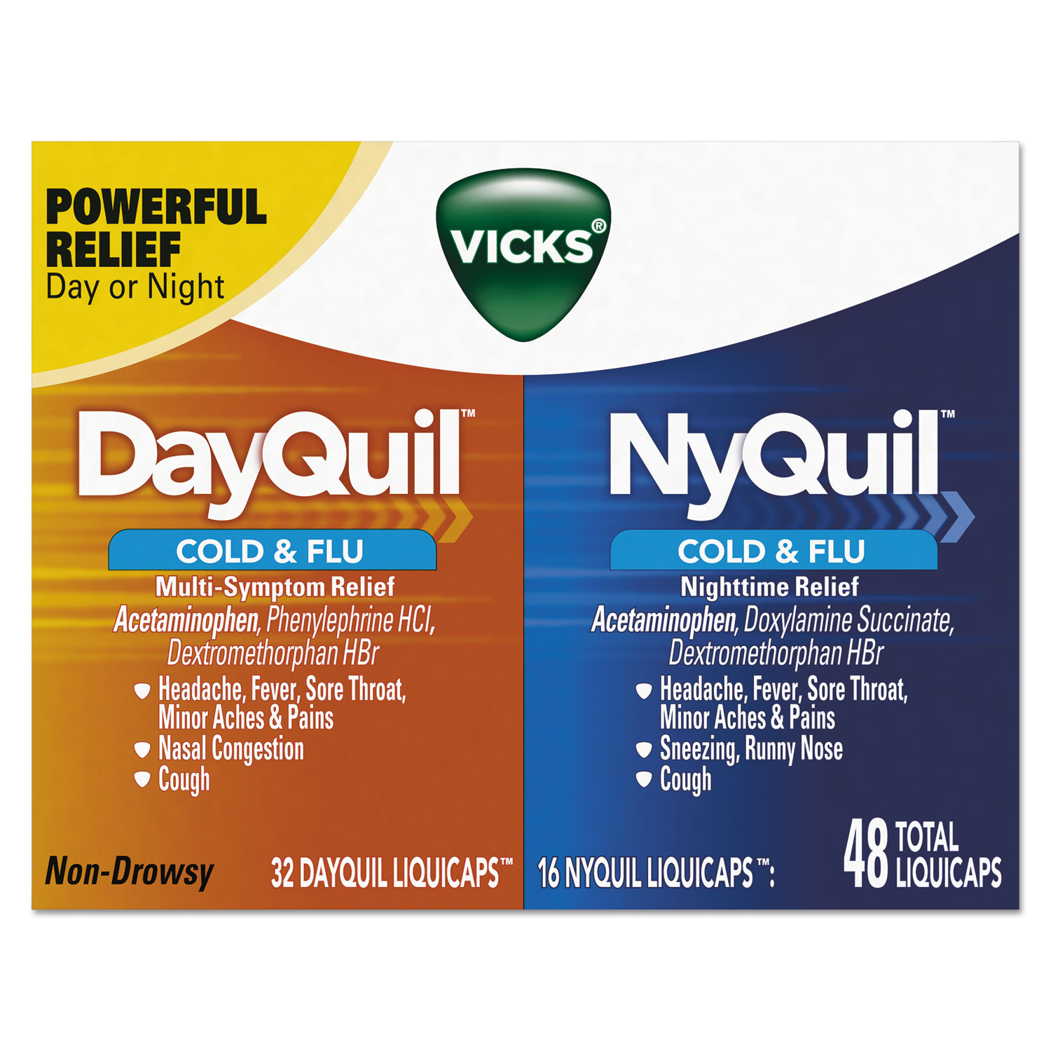  Vicks 01452 DayQuil/NyQuil Cold & Flu LiquiCaps Combo Pack, 32 Day/16 Night, 12/Carton (PGC01452) 