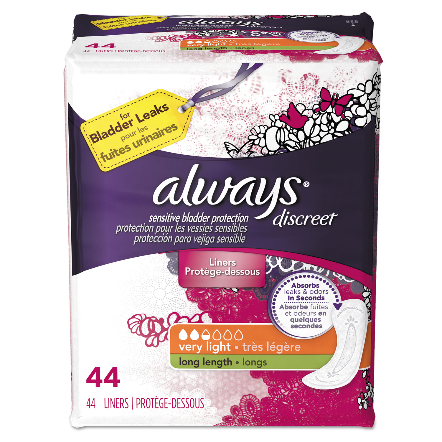  Always 92724 Discreet Incontinence Liners, Very Light, Long, 44/Pack, 3 Packs/Carton (PGC92724) 