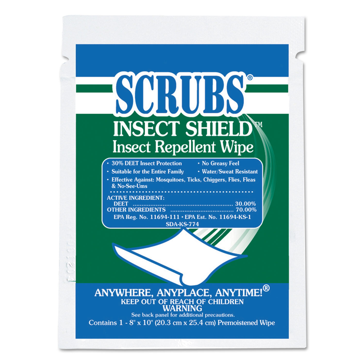  SCRUBS 91401 Insect Shield Insect Repellent Wipes, 8 x 10, White, 100/Carton (ITW91401) 