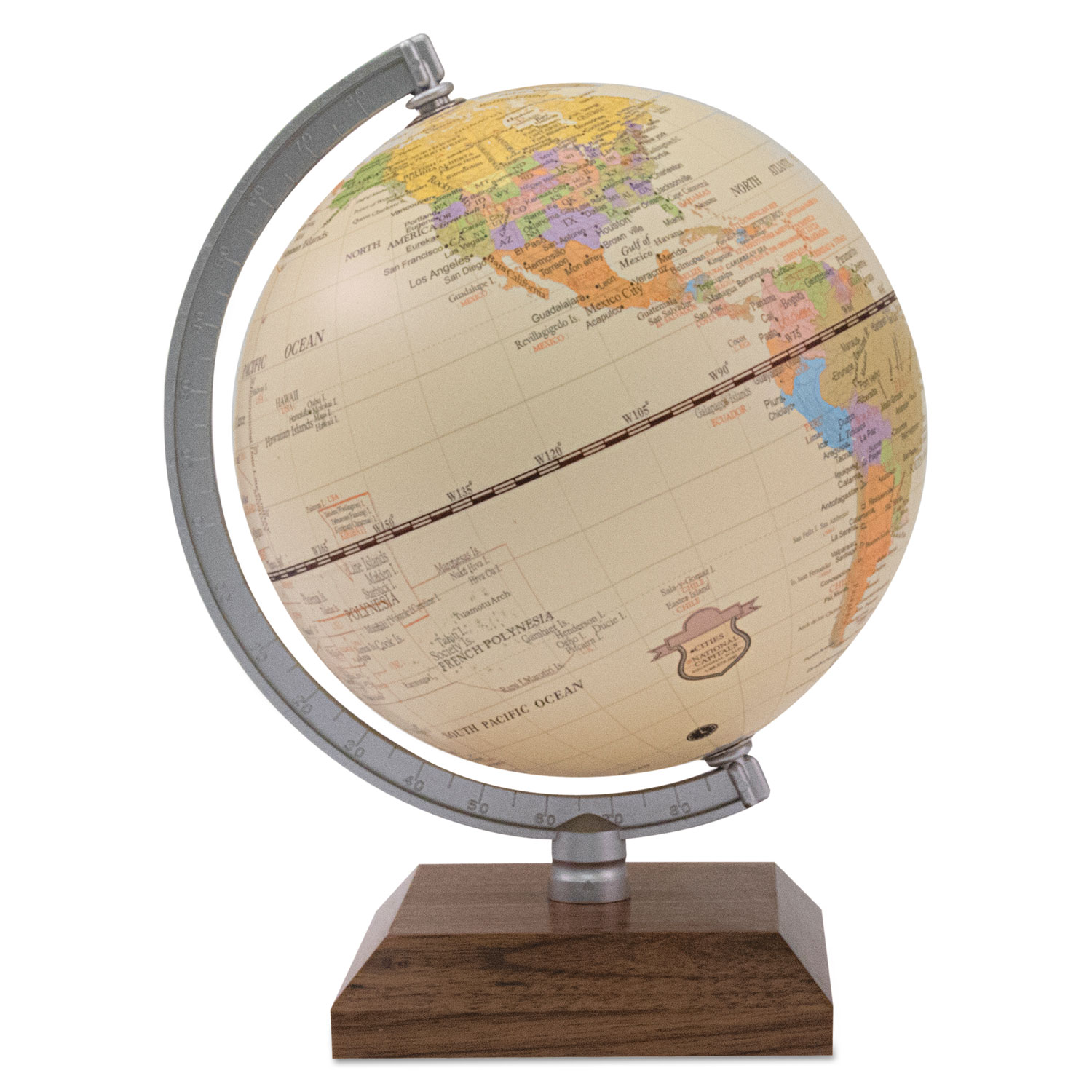 Ivory Desk Globe, 5 1/8 Diameter, Walnut Base/Silver Arm