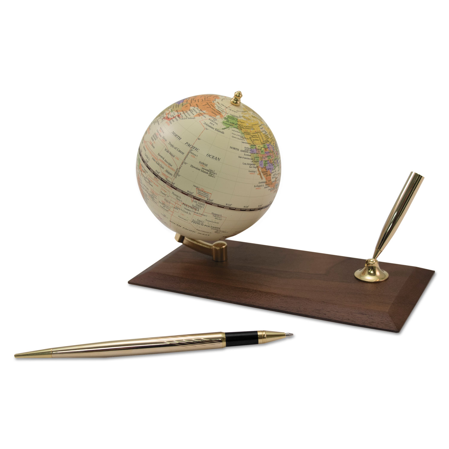 Ivory Globe Holder with Pen Stand, 3 7/8 Diameter, Walnut Base/Gold Accents