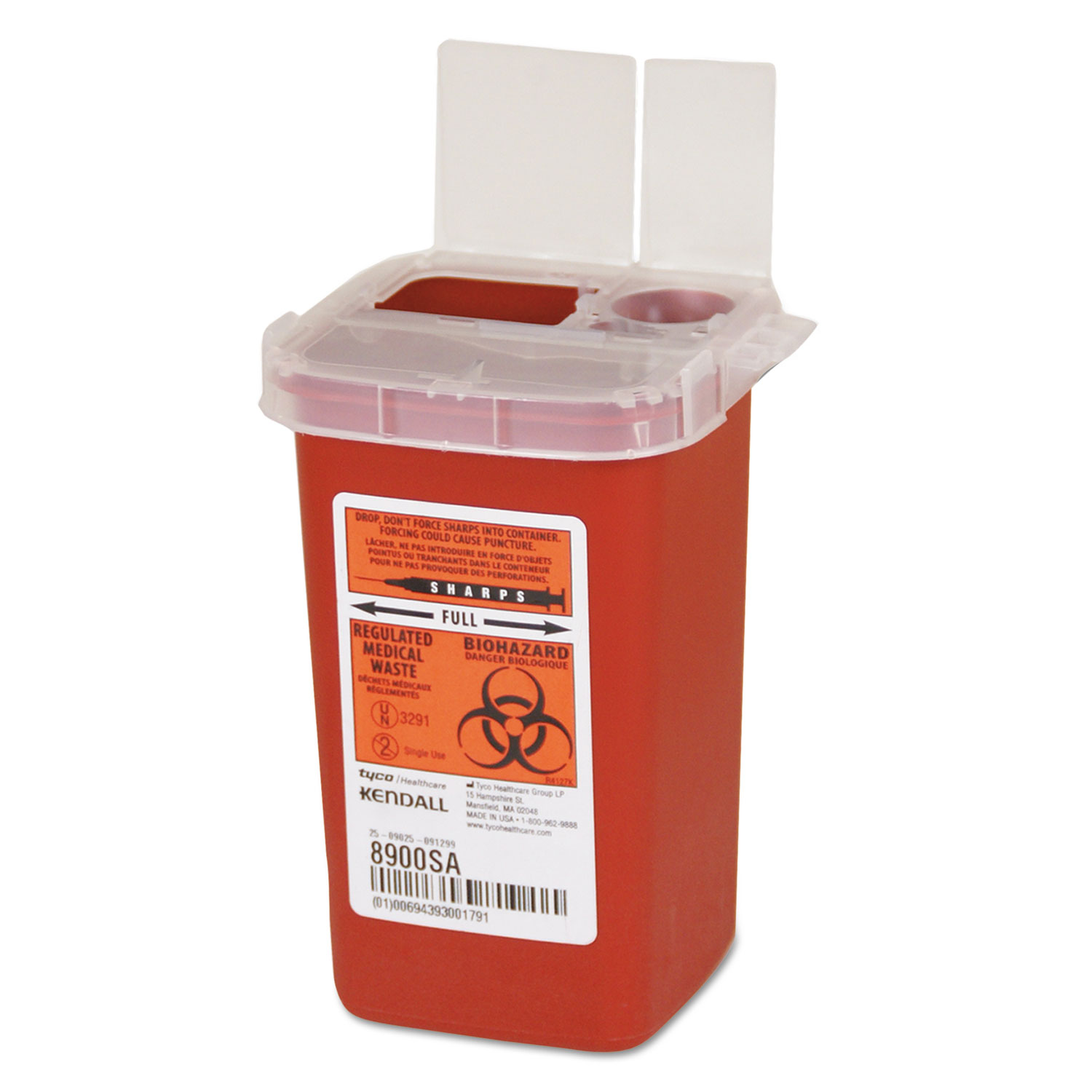 Sharps Containers, Polypropylene, 1/4 gal, 3 1/2 x 4 1/4 x 5 1/2, Red