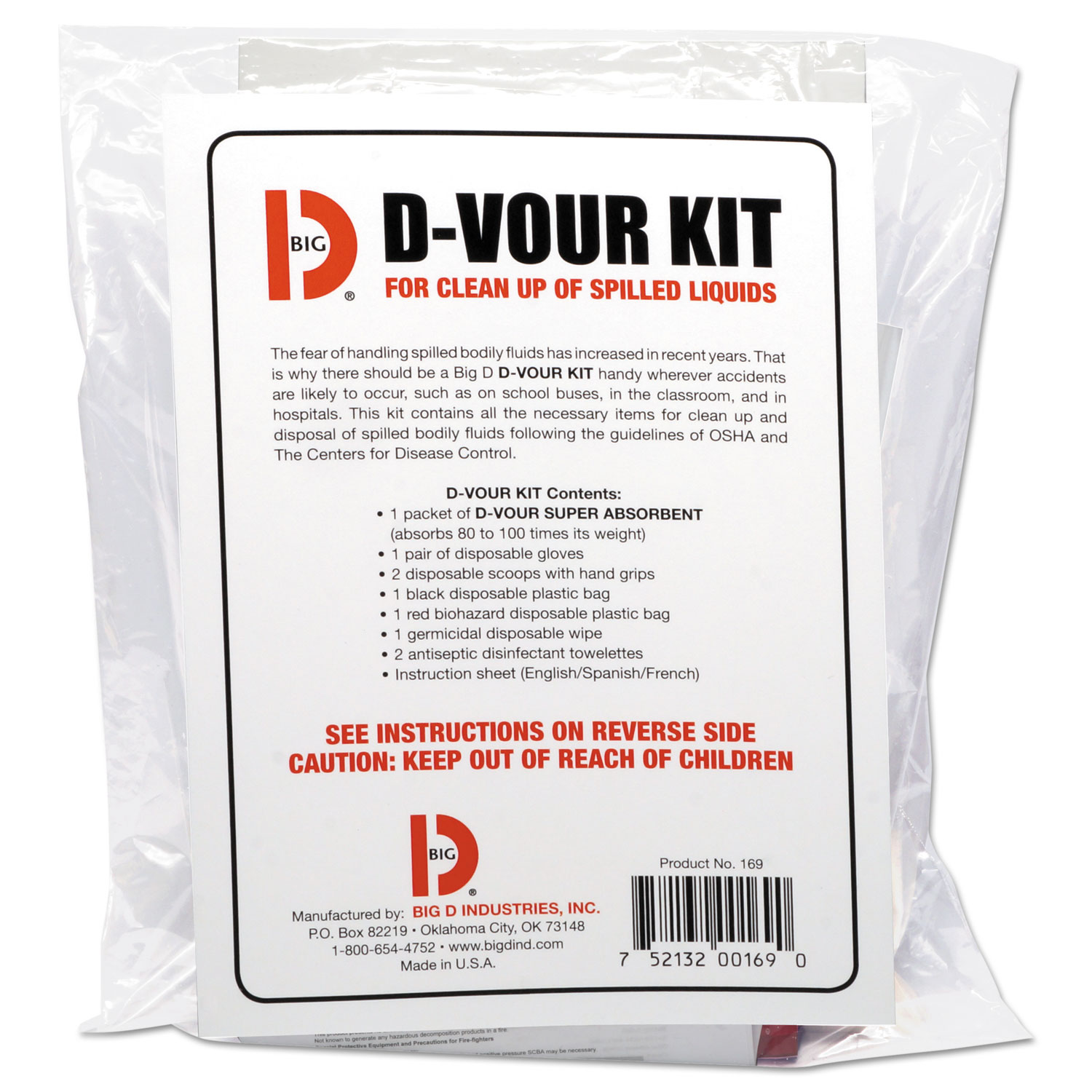  Big D Industries 016900 D'vour Clean-up Kit, Powder, All Inclusive Kit, 6/Carton (BGD169) 