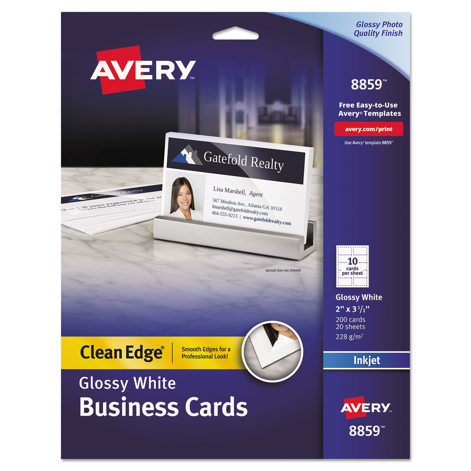  Avery 08859 Clean Edge Business Cards, Inkjet, 2 x 3 1/2, Glossy White, 200/Pack (AVE8859) 