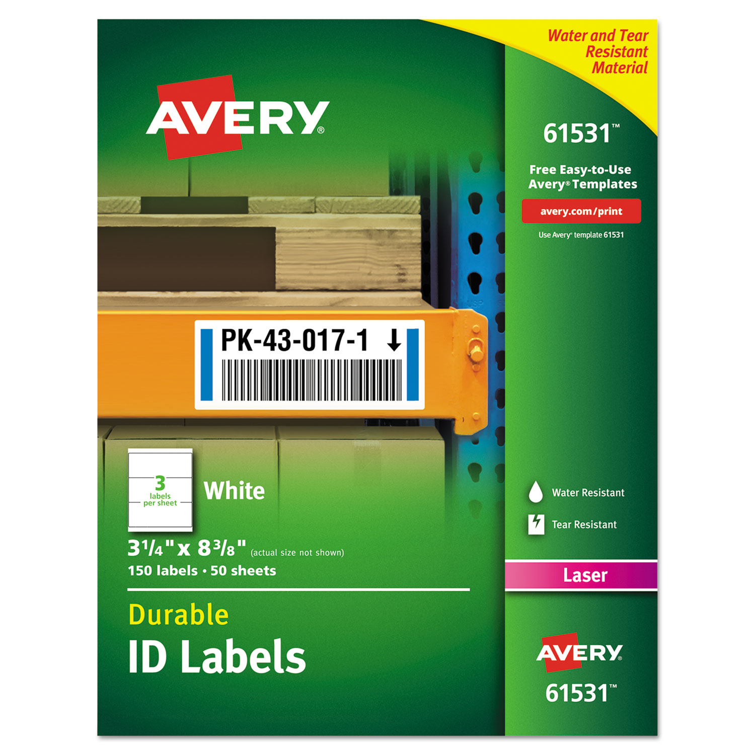  Avery 61531 Durable Permanent ID Labels with TrueBlock Technology, Laser Printers, 3.25 x 8.38, White, 3/Sheet, 50 Sheets/Pack (AVE61531) 