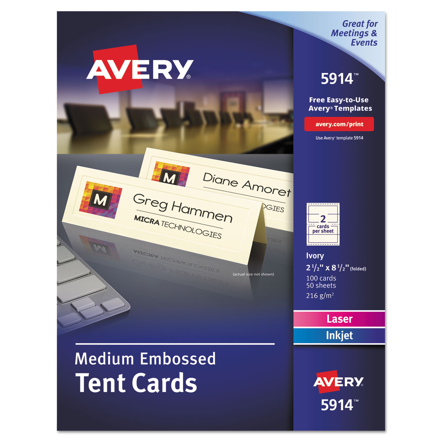  Avery 05914 Medium Embossed Tent Cards, Ivory, 2 1/2 x 8 1/2, 2 Cards/Sheet, 100/Box (AVE5914) 
