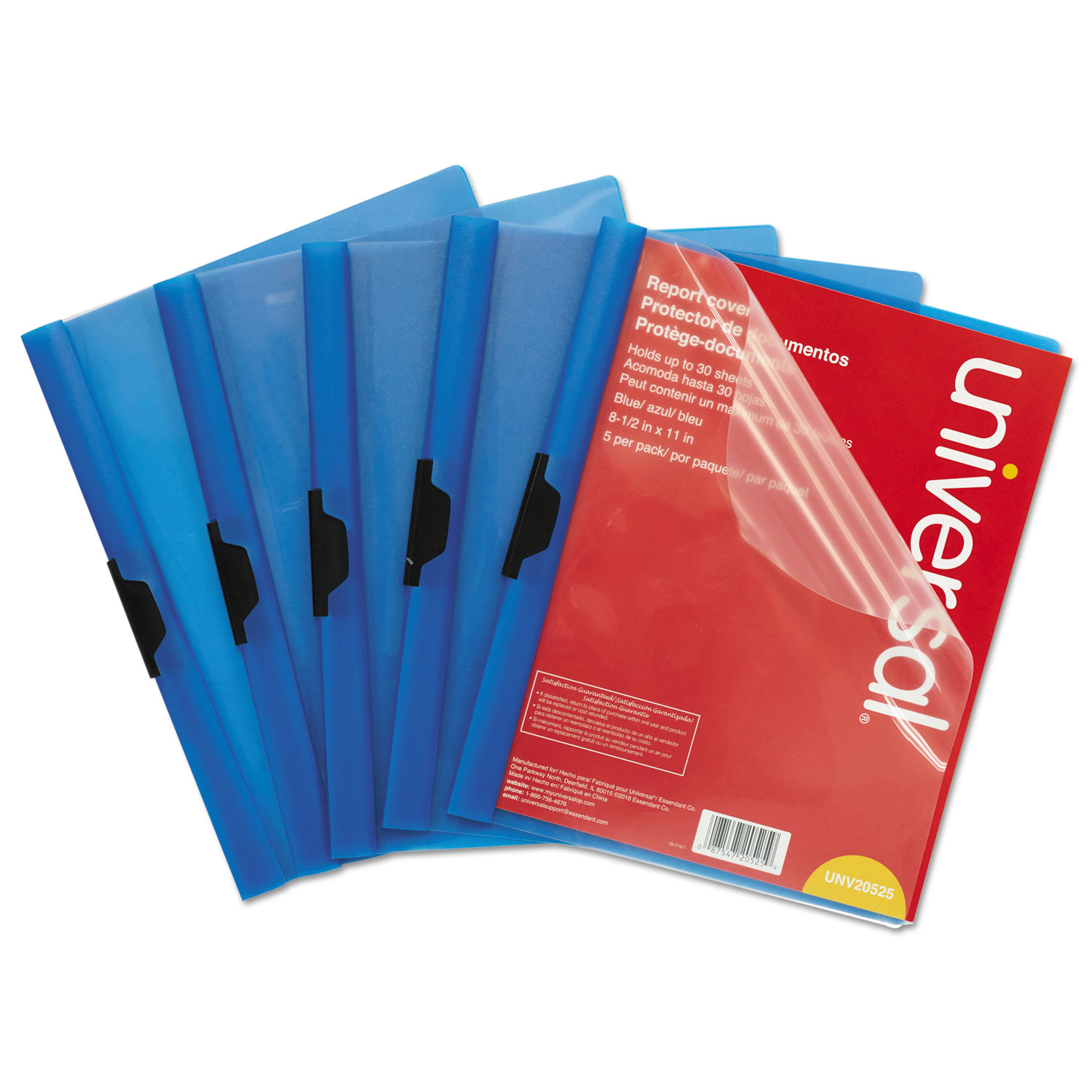 Plastic Report Cover w/Clip, Letter, Holds 30 Pages, Clear/Blue, 5/PK