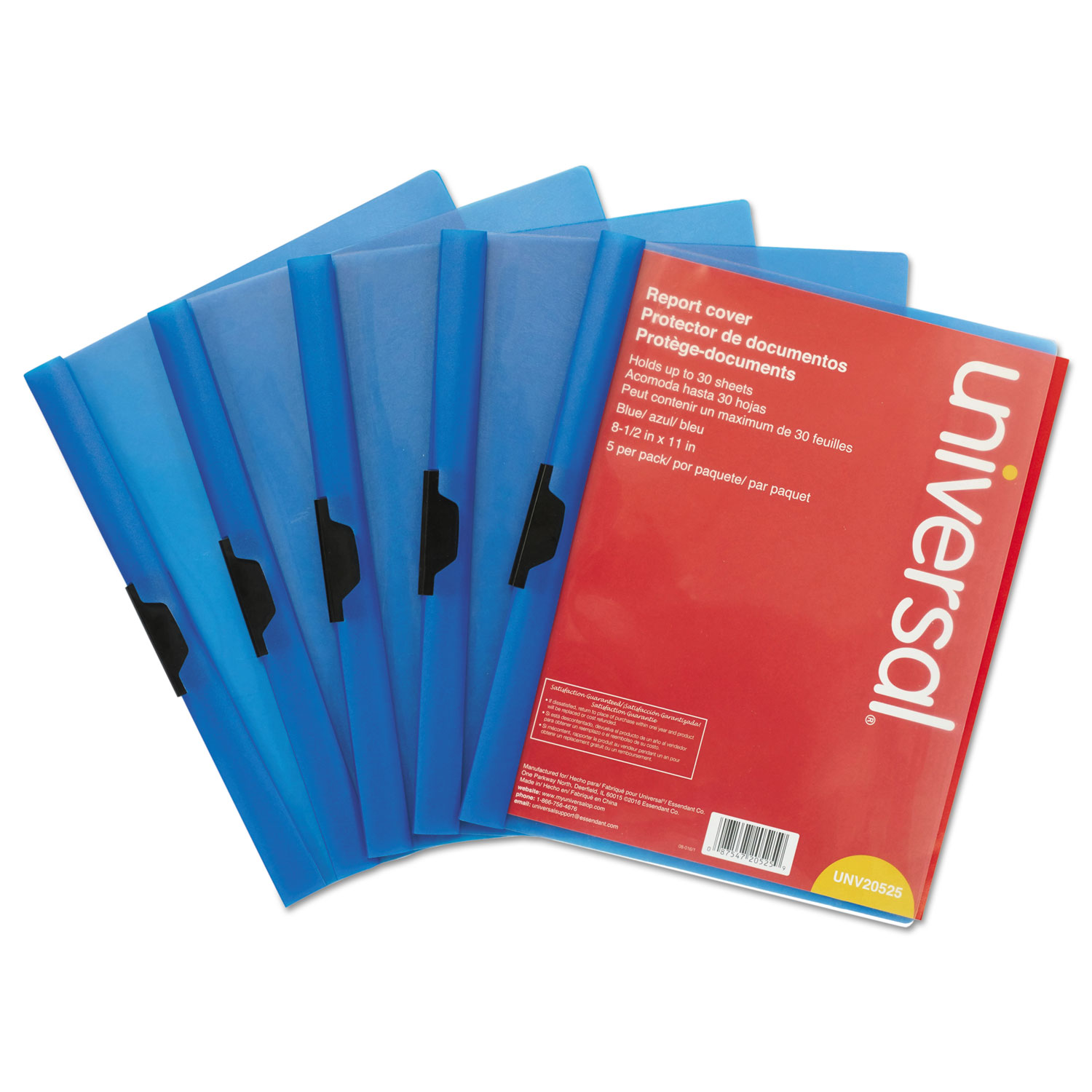  Universal UNV20525 Plastic Report Cover w/Clip, Letter, Holds 30 Pages, Clear/Blue, 5/PK (UNV20525) 