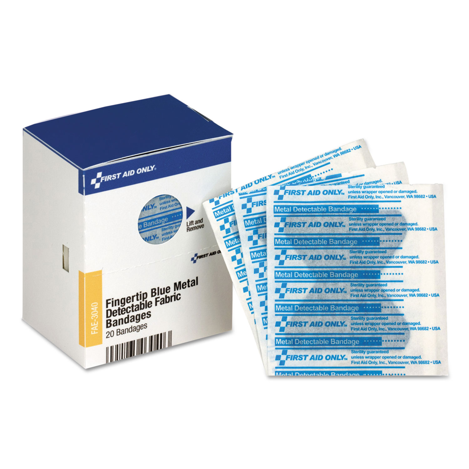  First Aid Only FAE-3040 SmartCompliance Blue Metal Detectable Bandages,Fingertip,1 3/4x2, 20 Bx, 24/Ct (FAOFAE3040) 